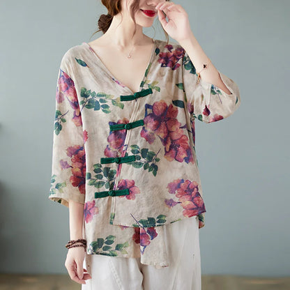 Women's Chinese Floral Linen Top | Summer top for women