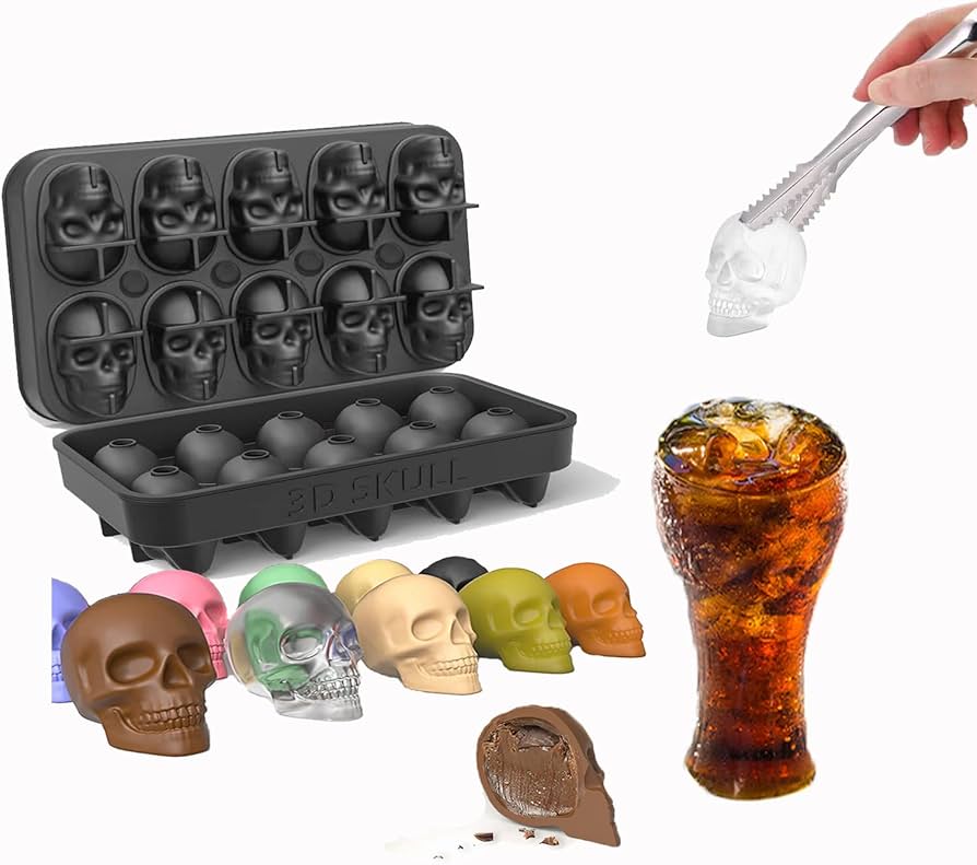 Silicone 10-Cavity Skull Ice Mold Tray with Funnel