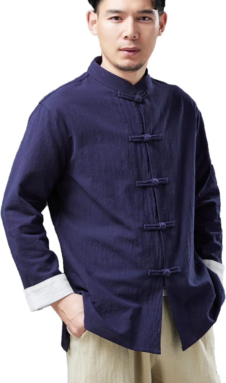 Men's Chinese Traditional Cotton Linen Tang Shirt, Long Sleeves Shirt