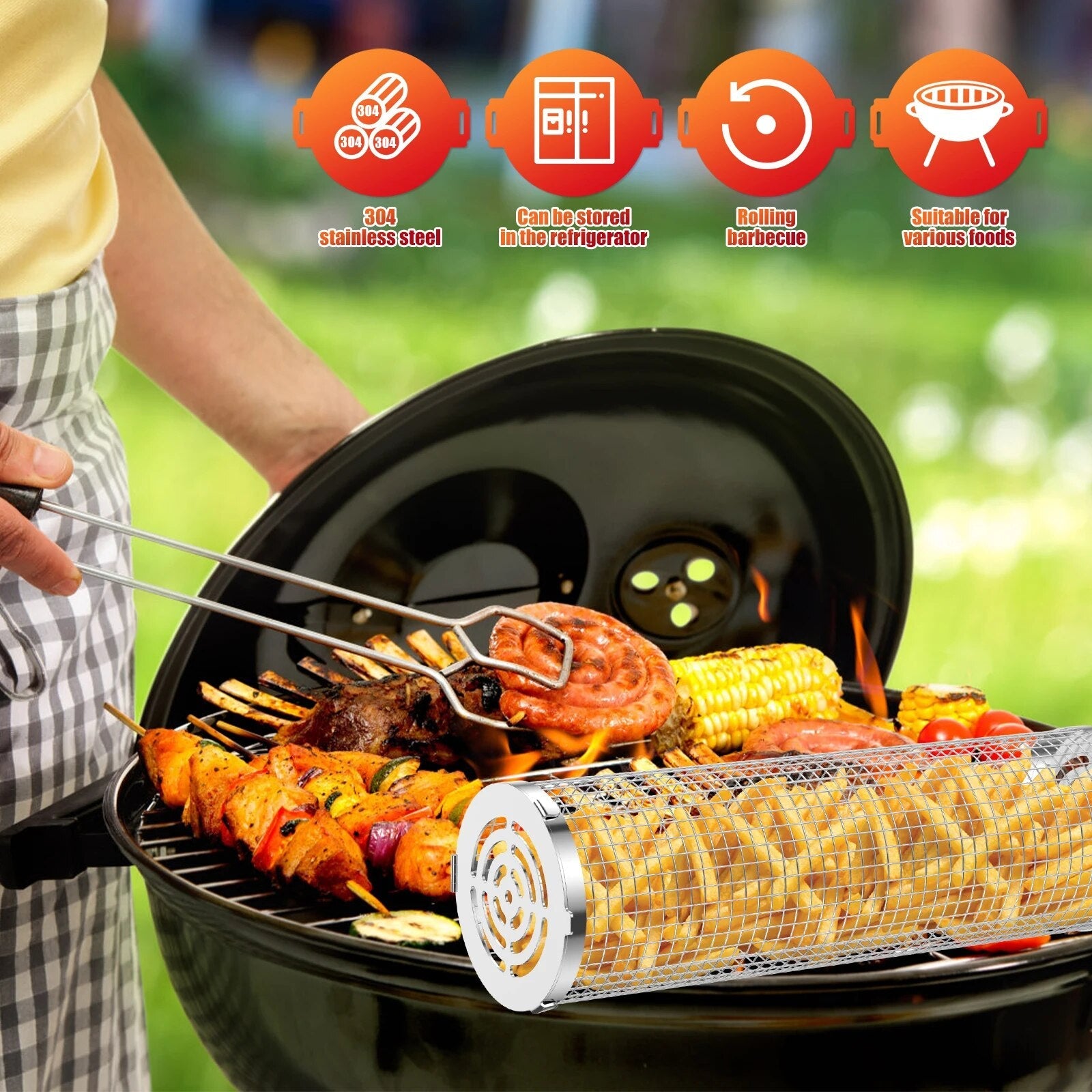 Barbecue Rolling Grilling Steel Basket hookupcart