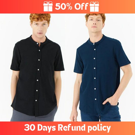 Pack of 2 Plain Shirt for Men, Stand collar short sleeve shirt, Set of Blue and Black Shirt