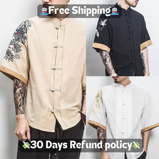 Men's Embroidered Chinese Shirt | Mandarin Collar Casual shirt - hookupcart