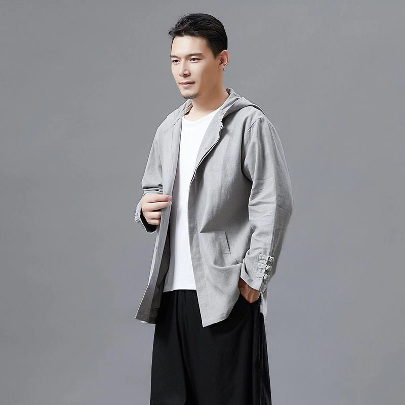 Linen hooded jacket, vintage Chinese linen jacket, long sleeve jacket