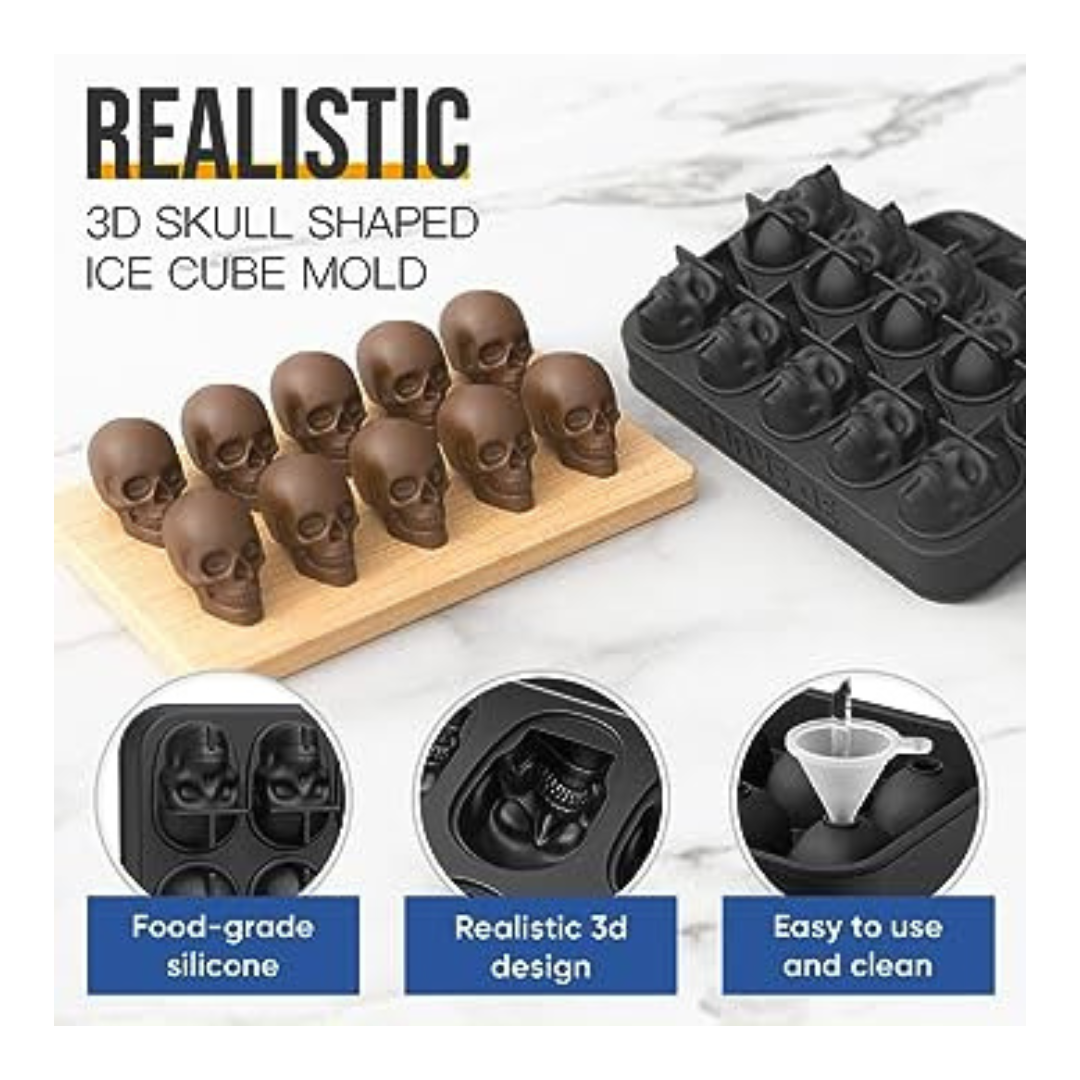 Silicone 10-Cavity Skull Ice Mold Tray with Funnel