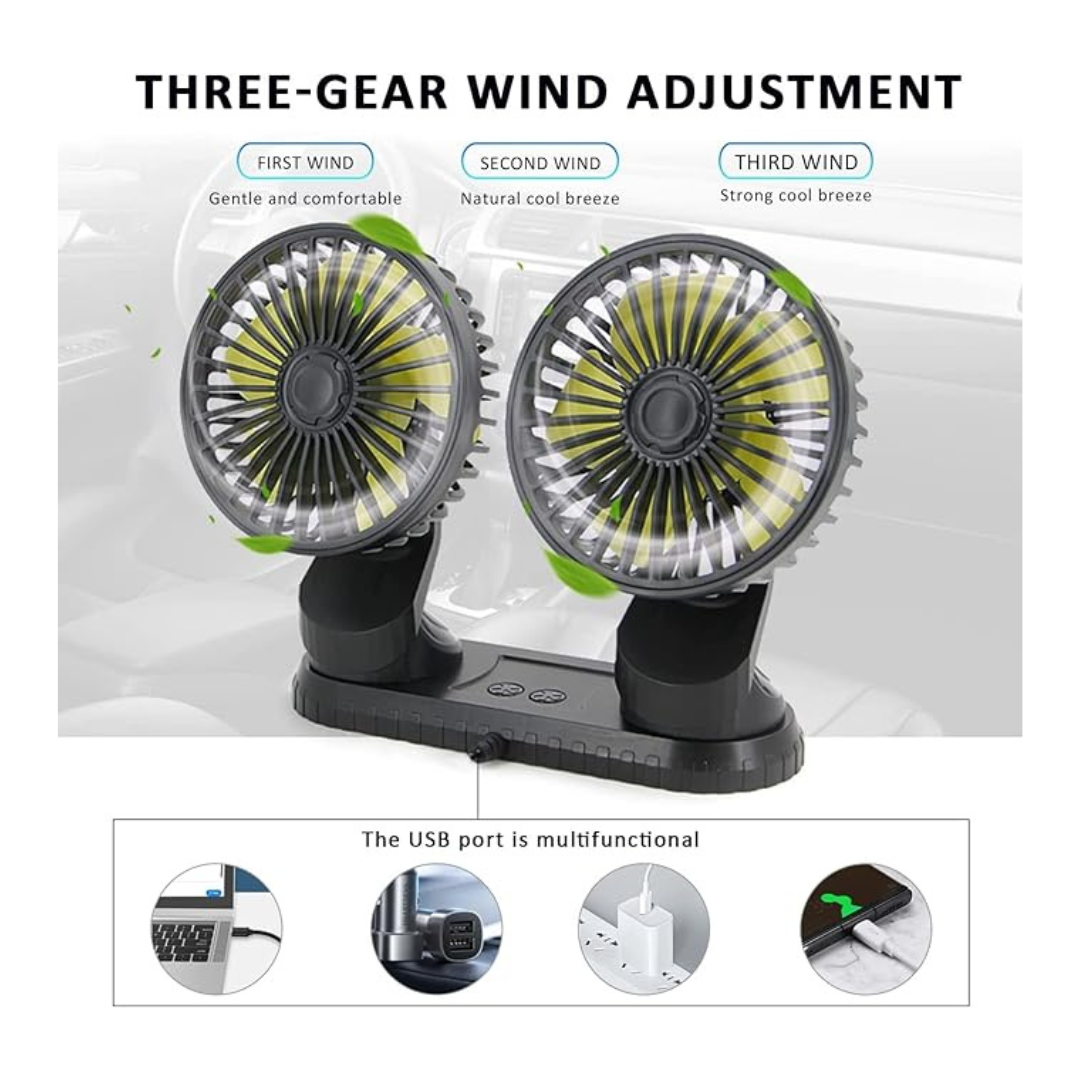 Dual Head Fan for Car | 360 Degree Rotatable Head, Suitable for all type vehicle