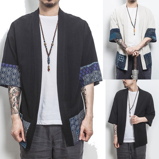 Men's Kimono Japanese shirt, Cardigan Shirt, Short sleeves, Open Front - hookupcart