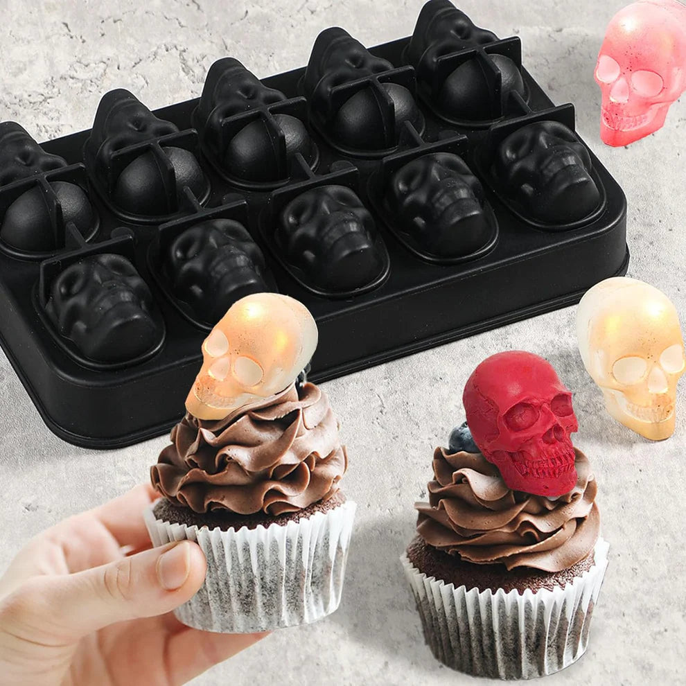 Silicone 10-Cavity Skull Ice Mold Tray with Funnel