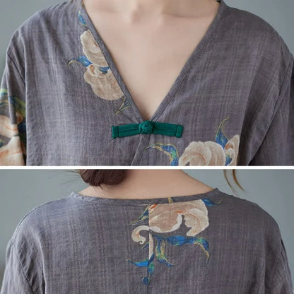 Women's Chinese Floral Linen Top | Summer top for women