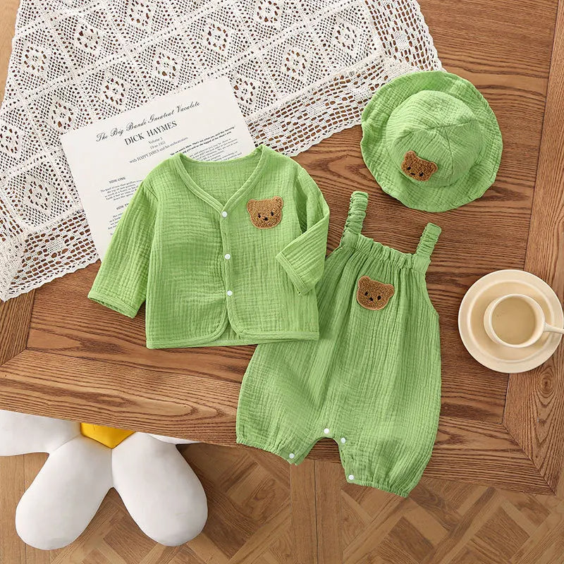 Bear Cartoon 3-Piece Set: Romper, Jacket, and Hat for Baby | Cotton Summer Set