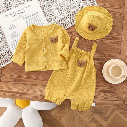 Bear Cartoon 3-Piece Set: Romper, Jacket, and Hat for Baby | Cotton Summer Set