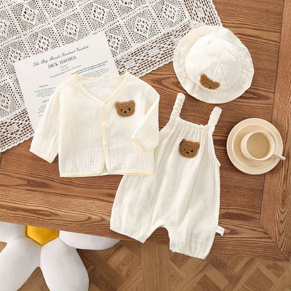 Bear Cartoon 3-Piece Set: Romper, Jacket, and Hat for Baby | Cotton Summer Set