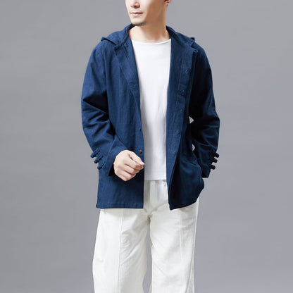 Linen hooded jacket, vintage Chinese linen jacket, long sleeve jacket