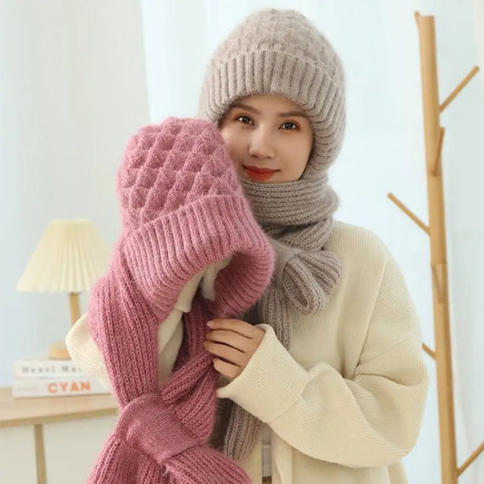 Stylish Windproof Woolen Scarf with Cap | Women Warm Soft Knitted Beanie Hats Scarf