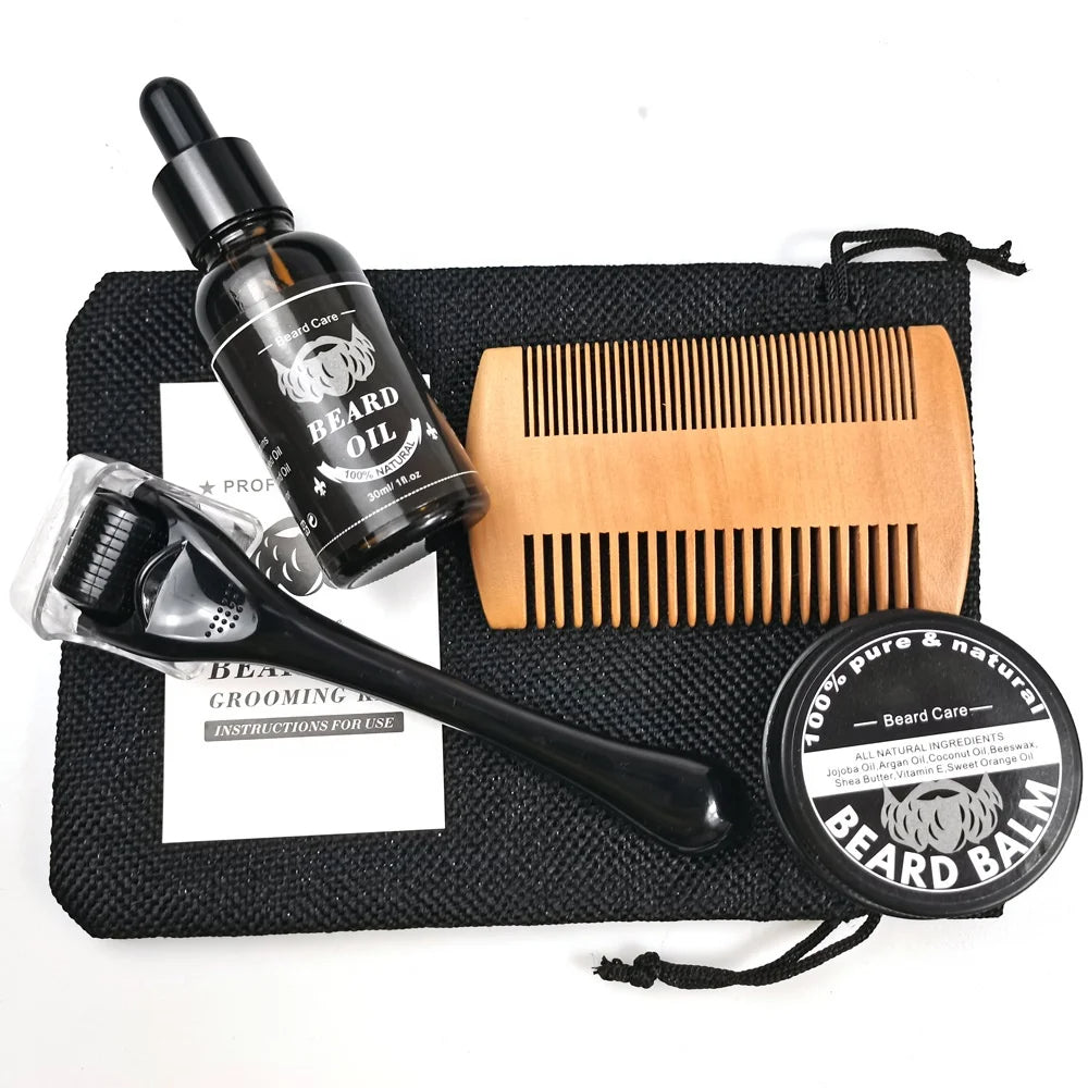 5pcs/set Beard Growth Kit For Men | Grooming Beard Care Oil, Moisturizer, Wax, Balm With Roller Comb