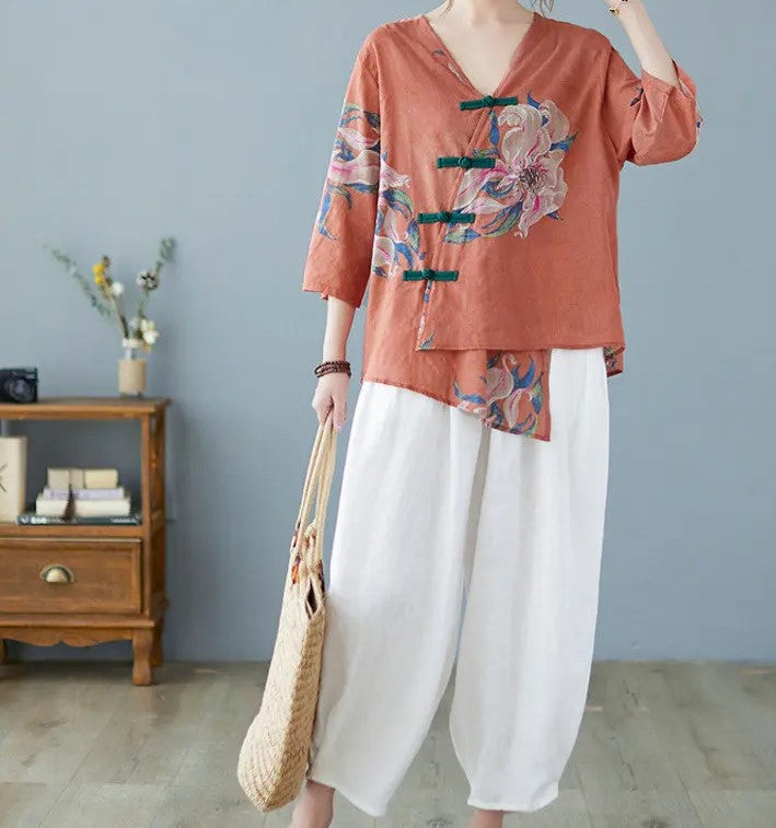 Women's Chinese Floral Linen Top | Summer top for women