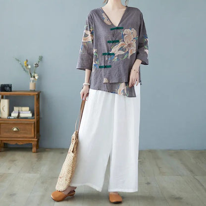 Women's Chinese Floral Linen Top | Summer top for women