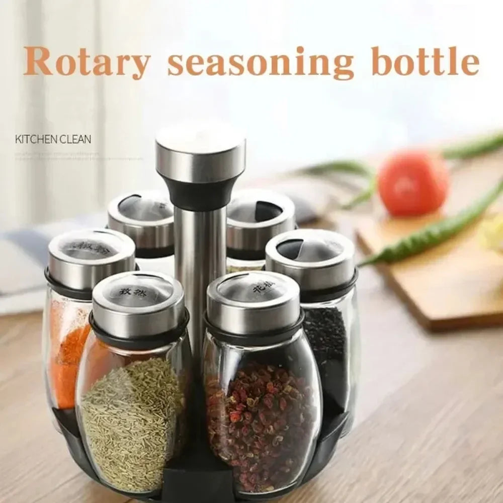 7 Glass Spice Jar with 360-Degree Rotating Rack