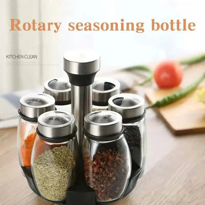 7 Glass Spice Jar with 360-Degree Rotating Rack