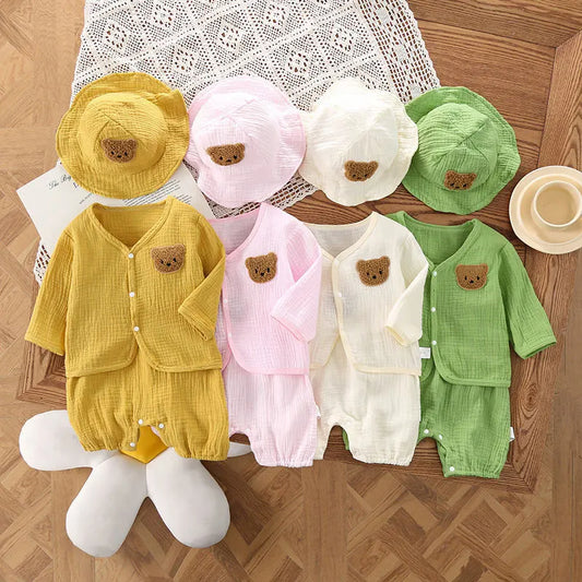 Bear Cartoon 3-Piece Set: Romper, Jacket, and Hat for Baby | Cotton Summer Set