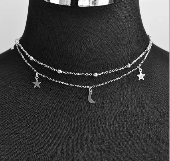 Gold/Silver Plated Star & Moon Double Layer Necklace
