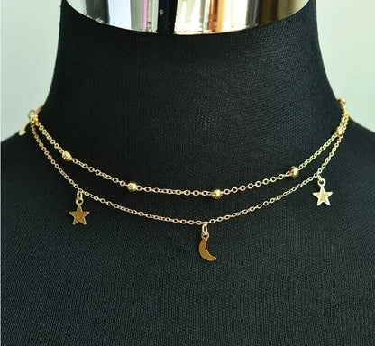 Gold/Silver Plated Star & Moon Double Layer Necklace