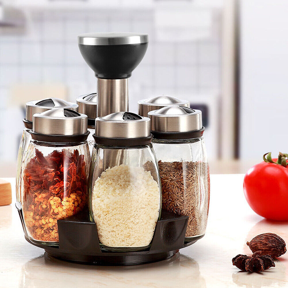 7 Glass Spice Jar with 360-Degree Rotating Rack