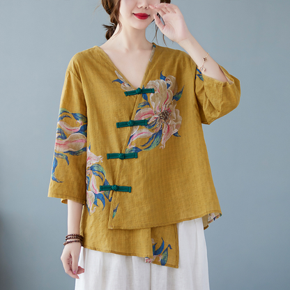 Women's Chinese Floral Linen Top | Summer top for women