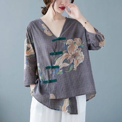 Women's Chinese Floral Linen Top | Summer top for women