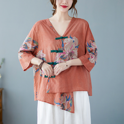 Women's Chinese Floral Linen Top | Summer top for women