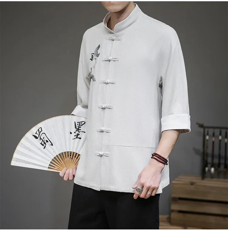 Tang Printed Shirt | Mandarin Collar Shirt | Traditional knot Buttons