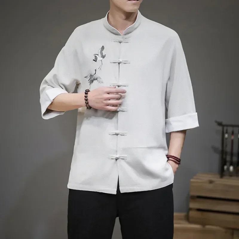 Tang Printed Shirt | Mandarin Collar Shirt | Traditional knot Buttons